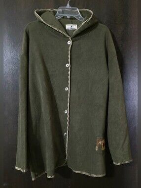 ATTRACTION Olive Hooded Women's Fleece Jacket Rickrack Stitch Oversized Sz XL